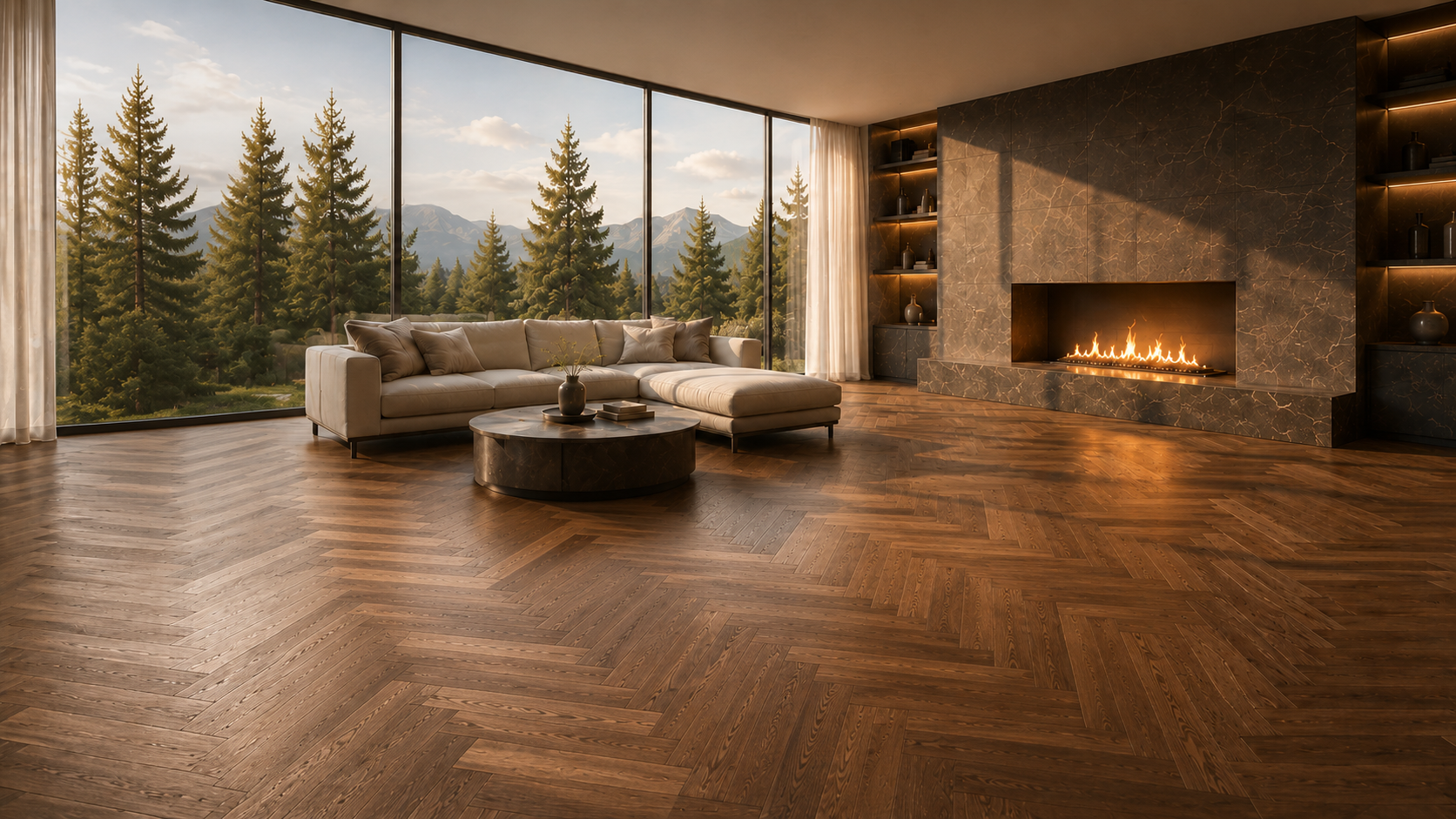 Luxuriöser Wohnraum mit Fischgrät-Parkett, Panoramafenstern und Kamin